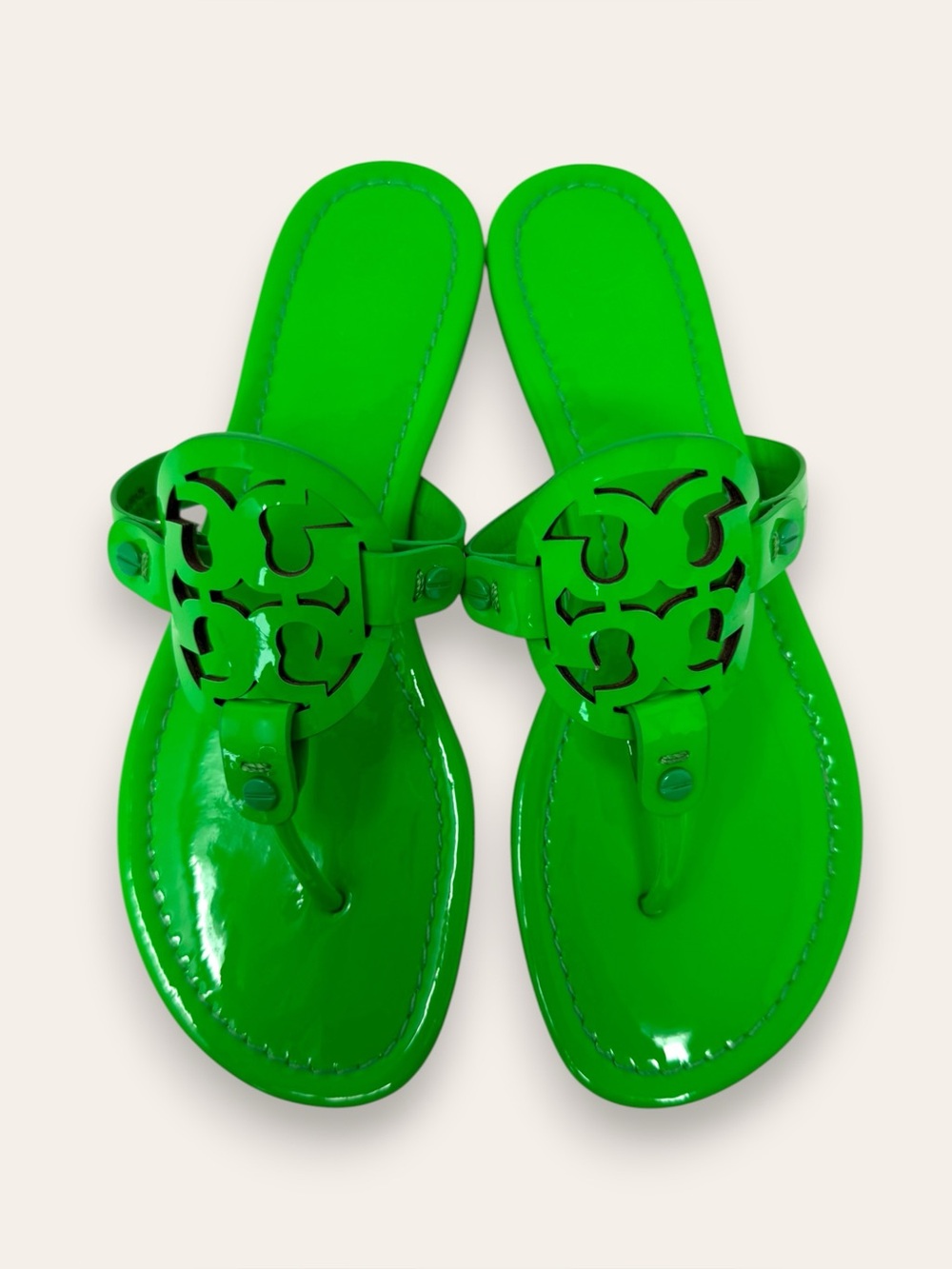 Tory Burch Patent Leather Miller Sandal Bright Neon Fluorescent Green 8.5 Womens